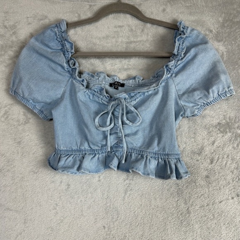 Denim Crop Top Ruffle Chambray Shirt S Puff Sleeve Western Y2K 90s Coquette